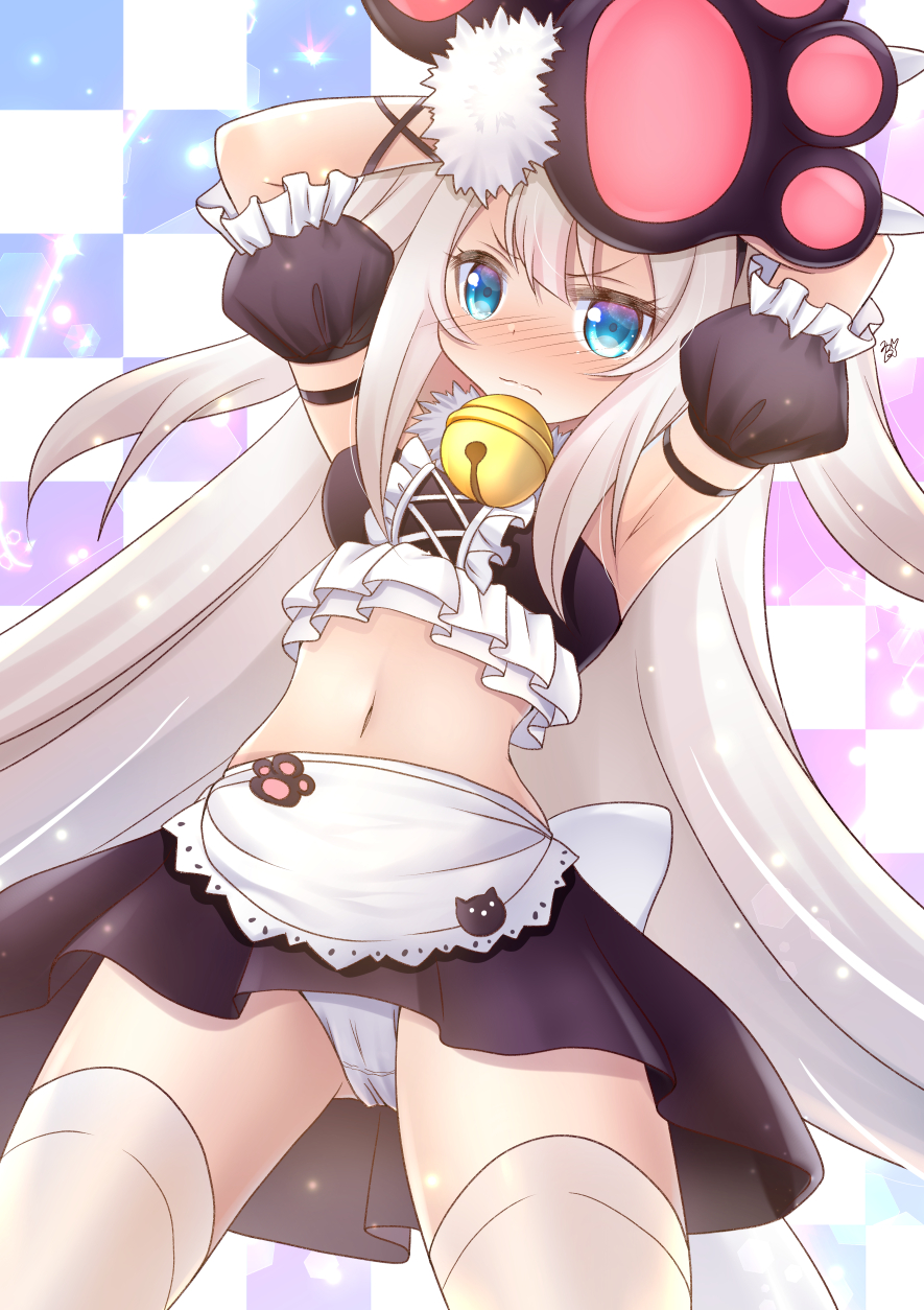 1girl, apron, armpits, arms_up, azur_lane, bandeau, bangs, bare_shoulders