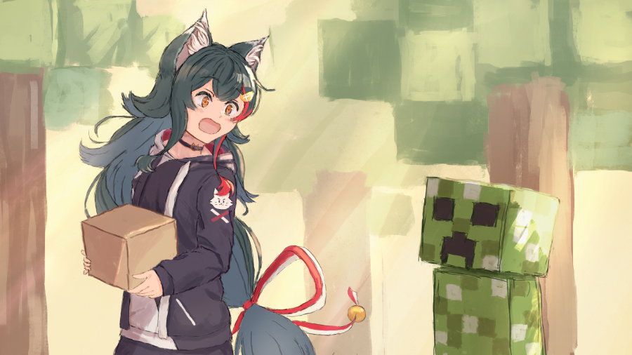 1girl, alternate_costume, animal_ears, black_hair, block, casual, creeper, forest