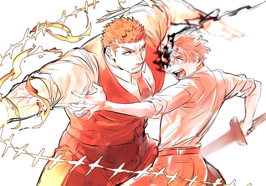 2boys, bara, facial_hair, fighting_stance, fire, flaming_eye, formal, halo