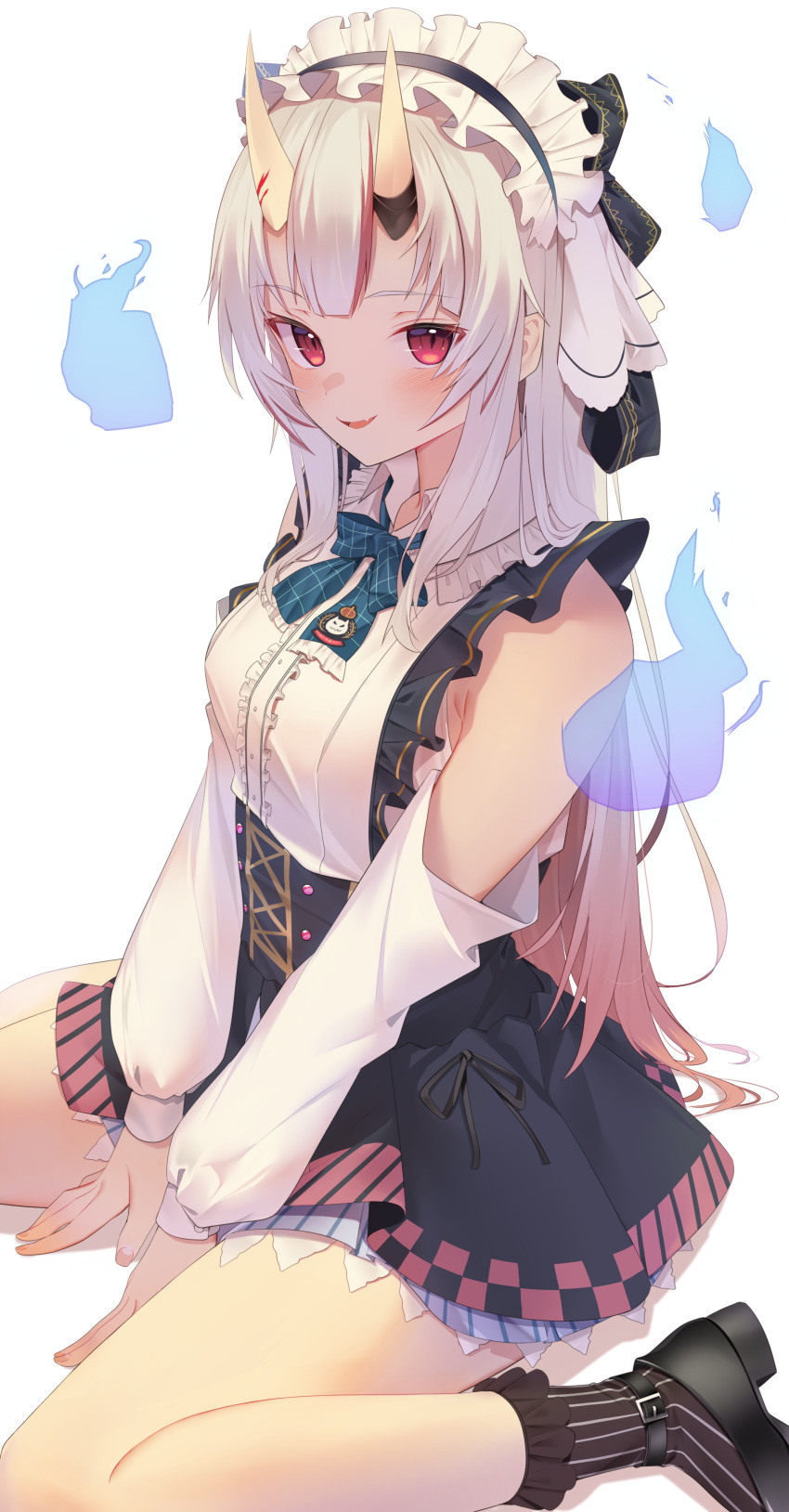 1girl, absurdres, bad_neck, bangs, bare_shoulders, between_legs, black_dress, black_footwear, black_legwear, black_ribbon, black_skirt, blue_bow, blush, bow, breasts, center_frills, collared_shirt, commentary_request, diagonal_stripes, double-breasted, dress, fang, frills, hair_ornament, hair_ribbon, headdress, highres, hololive, horns, jun_(aousa0328), long_hair, long_sleeves, looking_at_viewer, medium_breasts, multicolored_hair, nakiri_ayame, oni, oni_horns, open_mouth, plaid, plaid_bow, red_eyes, ribbon, shirt, shoes, silver_hair, simple_background, sitting, skirt, smile, solo, striped, striped_legwear, virtual_youtuber, wariza, white_background, white_shirt
