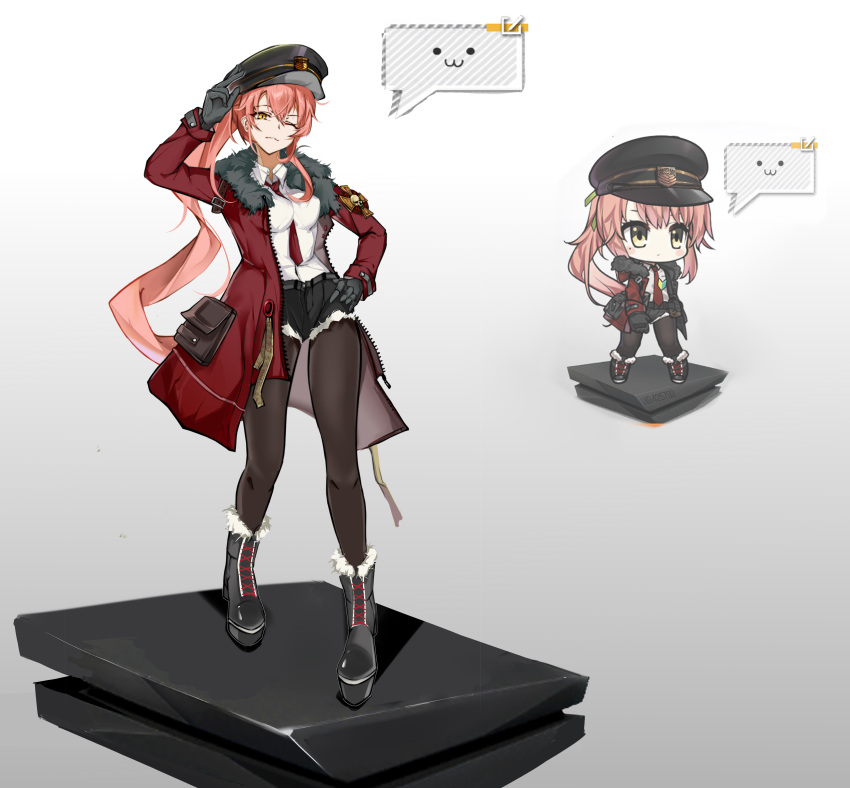1girl, absurdres, black_footwear, black_gloves, black_legwear, black_shorts, boots, breasts, chibi, closed_mouth, eyebrows_visible_through_hair, female_commander_(girls_frontline), fur-trimmed_jacket, fur_collar, fur_trim, girls_frontline, gloves, hair_between_eyes, hair_ornament, hand_on_head, hand_on_hip, hat, highres, jacket, karel_von_franz_(girls_frontline)_(priest77), long_hair, looking_at_viewer, military_hat, necktie, one_eye_closed, open_clothes, open_jacket, original, pantyhose, pink_hair, priest77, red_jacket, red_neckwear, shirt, shorts, solo, standing, uniform, white_background, white_shirt, yellow_eyes