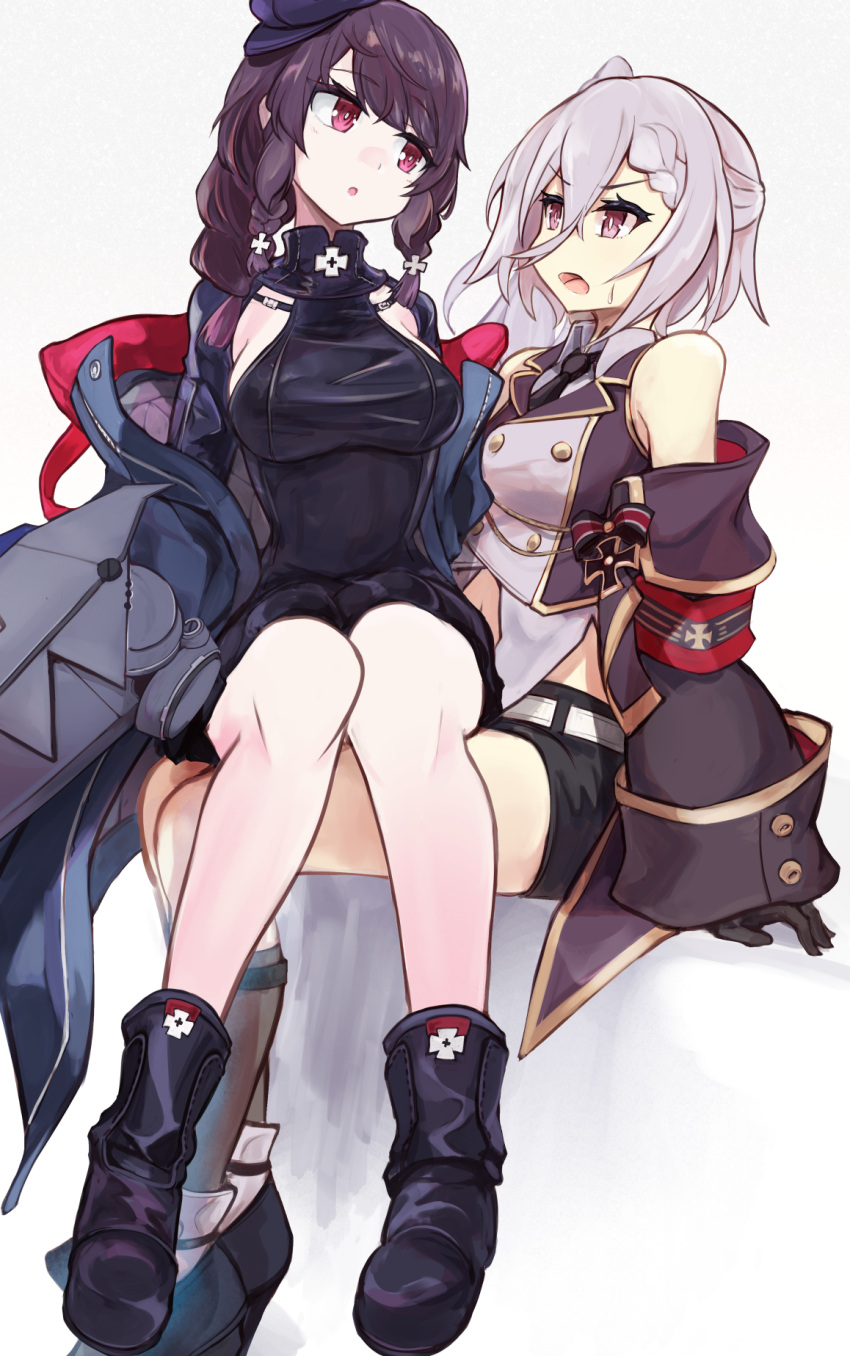 2girls, azur_lane, bangs, bare_legs, black_footwear, black_gloves, black_legwear, black_shorts, boots, braid, breasts, eyebrows_visible_through_hair, gloves, hat, highres, iron_cross, jacket, legs, long_hair, looking_at_another, marshall_k, medium_breasts, multiple_girls, open_mouth, purple_hair, shorts, silver_hair, sitting, sitting_on_person, small_breasts, socks, sweatdrop, violet_eyes, white_background, z1_leberecht_maass_(azur_lane), z2_georg_thiele_(azur_lane)