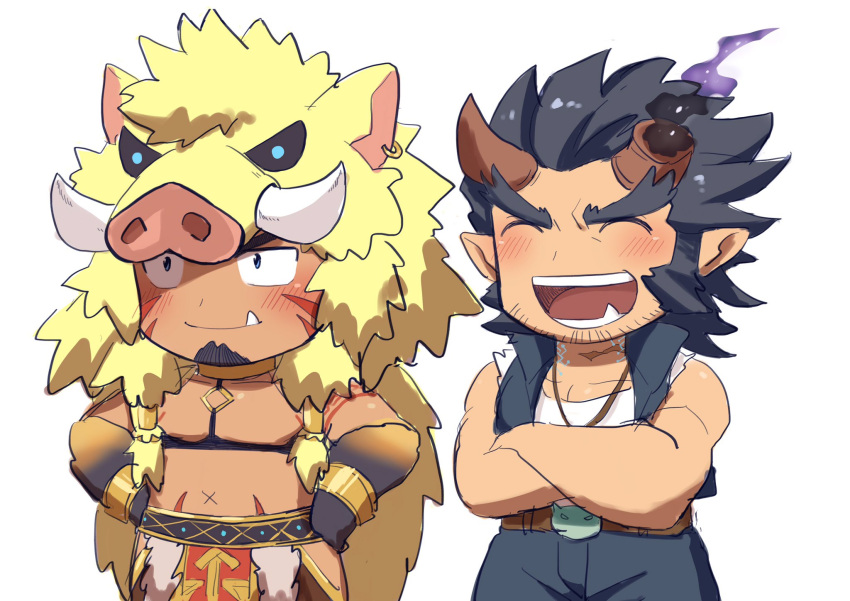 1hao_(@cerbero64), 2boys, animal_hood, bara, bare_chest, blush, chest, chest_harness