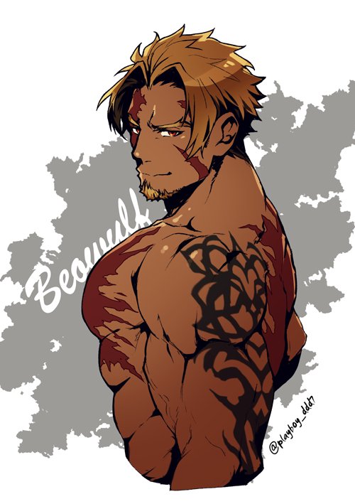 1boy, abs, bangs, bara, beowulf_(fate/grand_order), blonde_hair, chest, chest_scar, cropped_torso, facial_hair, fate/grand_order, fate_(series), goatee, male_focus, manly, muscle, no_nipples, nude, parted_bangs, red_eyes, scar, short_hair, shoulder_tattoo, solo, tattoo, upper_body, yamanome