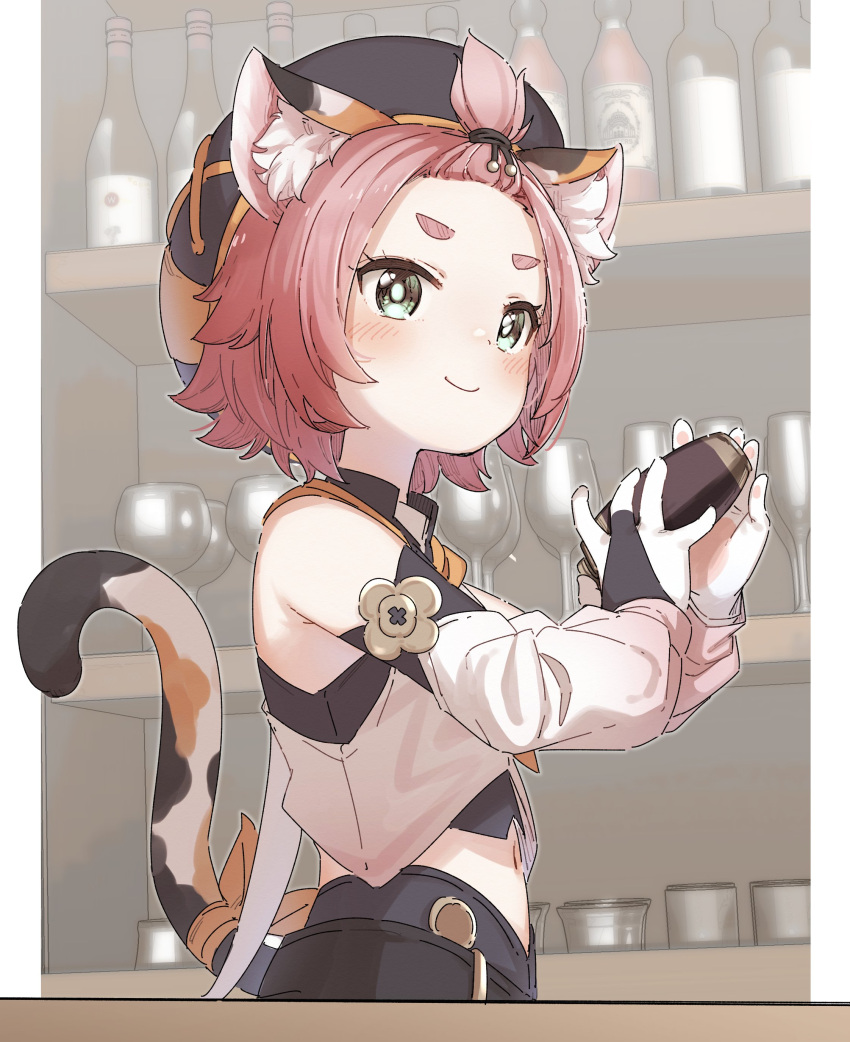 1girl, absurdres, animal_ear_fluff, animal_ears, bangs_pinned_back, blush, bottle, bridal_gauntlets