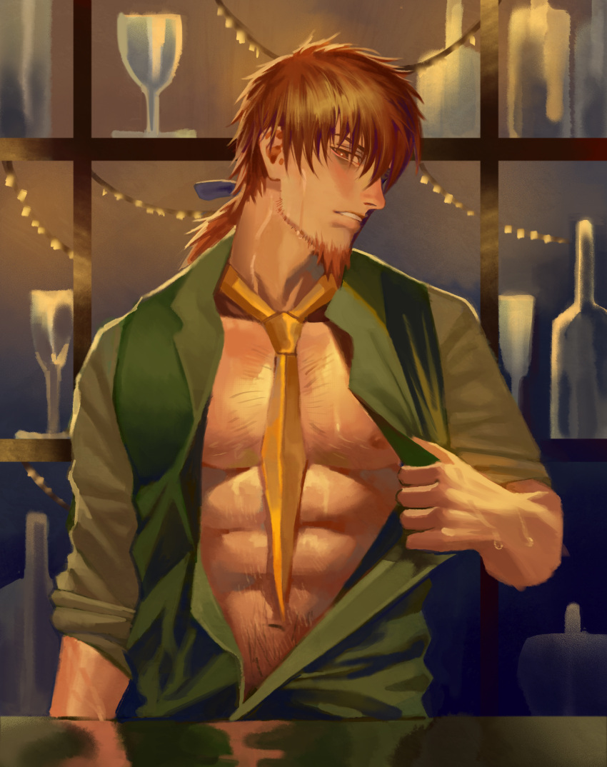 1boy, abs, absurdres, bara, bare_chest, bartender, between_pecs, body_hair