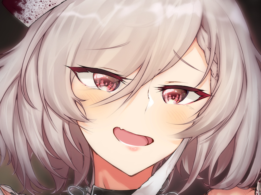 1girl, bandages, blood, bloody_clothes, blush, braid, eyebrows_visible_through_hair, girls_frontline, hat, kord_(girls_frontline), looking_at_viewer, medium_hair, nurse, nurse_cap, open_mouth, red_eyes, saett, silver_hair, simple_background, solo_focus