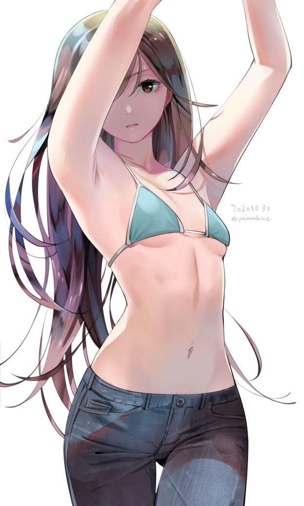 1girl, aqua_bikini, armpits, arms_up, ass_visible_through_thighs, bikini, bikini_top, breasts