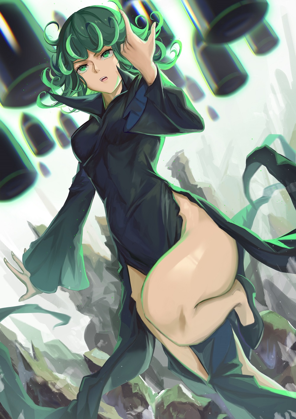 1girl, bangs, black_dress, black_footwear, breasts, bullet, collared_dress, commentary_request, curly_hair, dress, flipped_hair, floating, green_eyes, green_hair, hand_up, highres, impossible_clothes, knee_up, kyuu_(chiu850513), long_sleeves, looking_up, medium_breasts, no_panties, one-punch_man, open_mouth, rock, short_hair, side_slit, solo, tatsumaki, telekinesis, thighs, upper_teeth