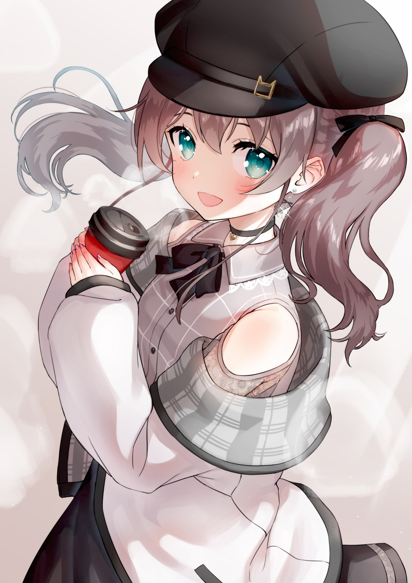 1girl, :d, absurdres, bangs, bare_shoulders, black_bow, black_headwear, black_skirt