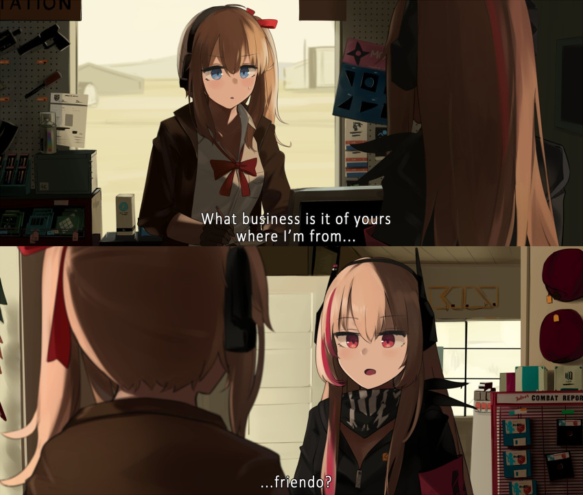 2girls, bandana, blue_eyes, bullet, english_commentary, english_text, girls_frontline, gun