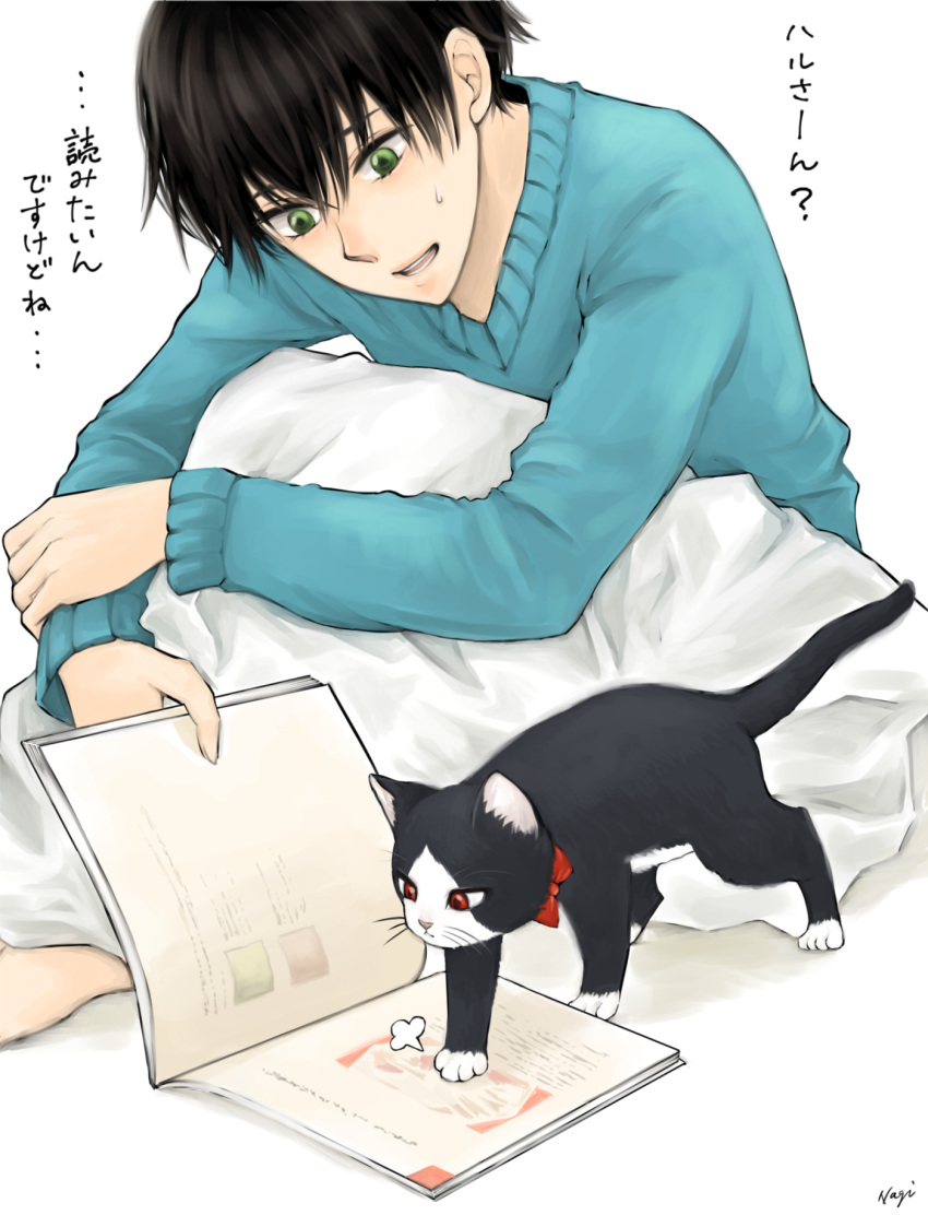 1boy, artist_name, black_hair, blue_sweater, book, bow, cat, doukyonin_wa_hiza_tokidoki_atama_no_ue.