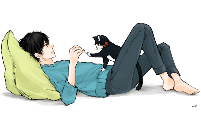 1boy, barefoot, black_eyes, black_hair, black_pants, blue_sweater, bow, cat
