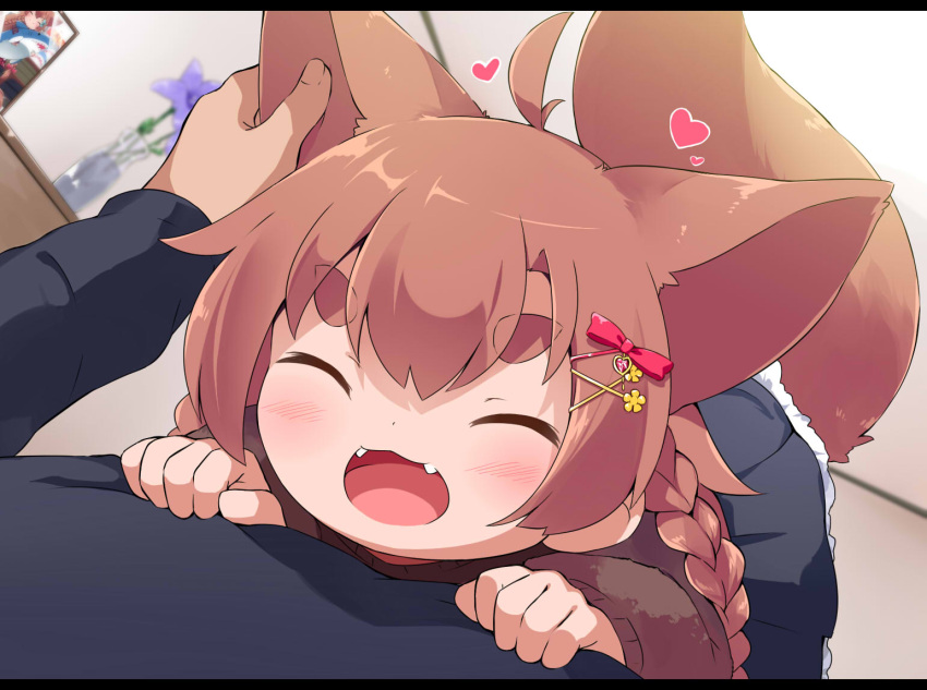 1boy, 1girl, :d, ^_^, ahoge, animal_ears, bangs, black_shirt