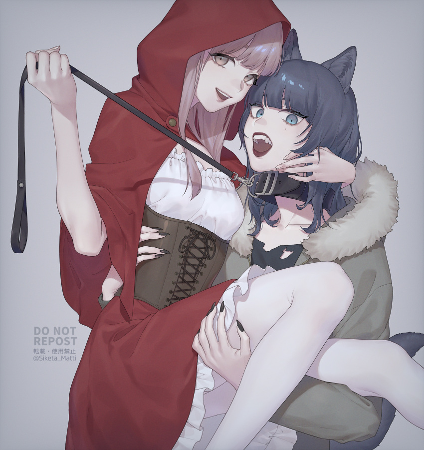 2girls, animal_ears, bangs, big_bad_wolf_(grimm), big_bad_wolf_(grimm)_(cosplay), black_hair, black_nails, black_shirt