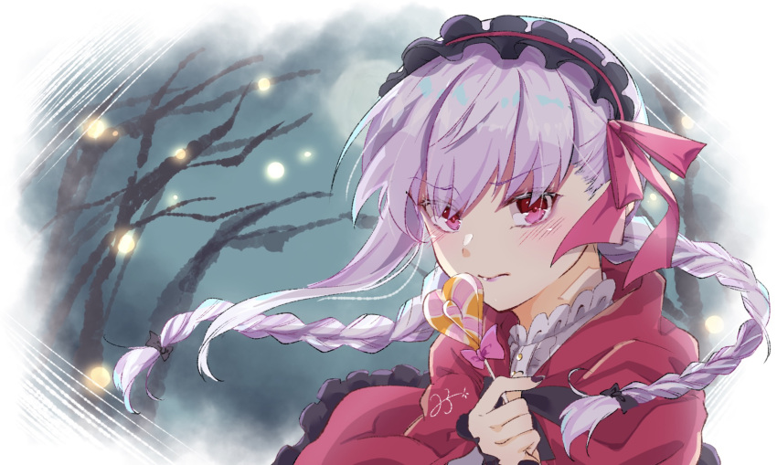 1girl, 23xxx, bangs, blush, braid, breasts, candy, cape