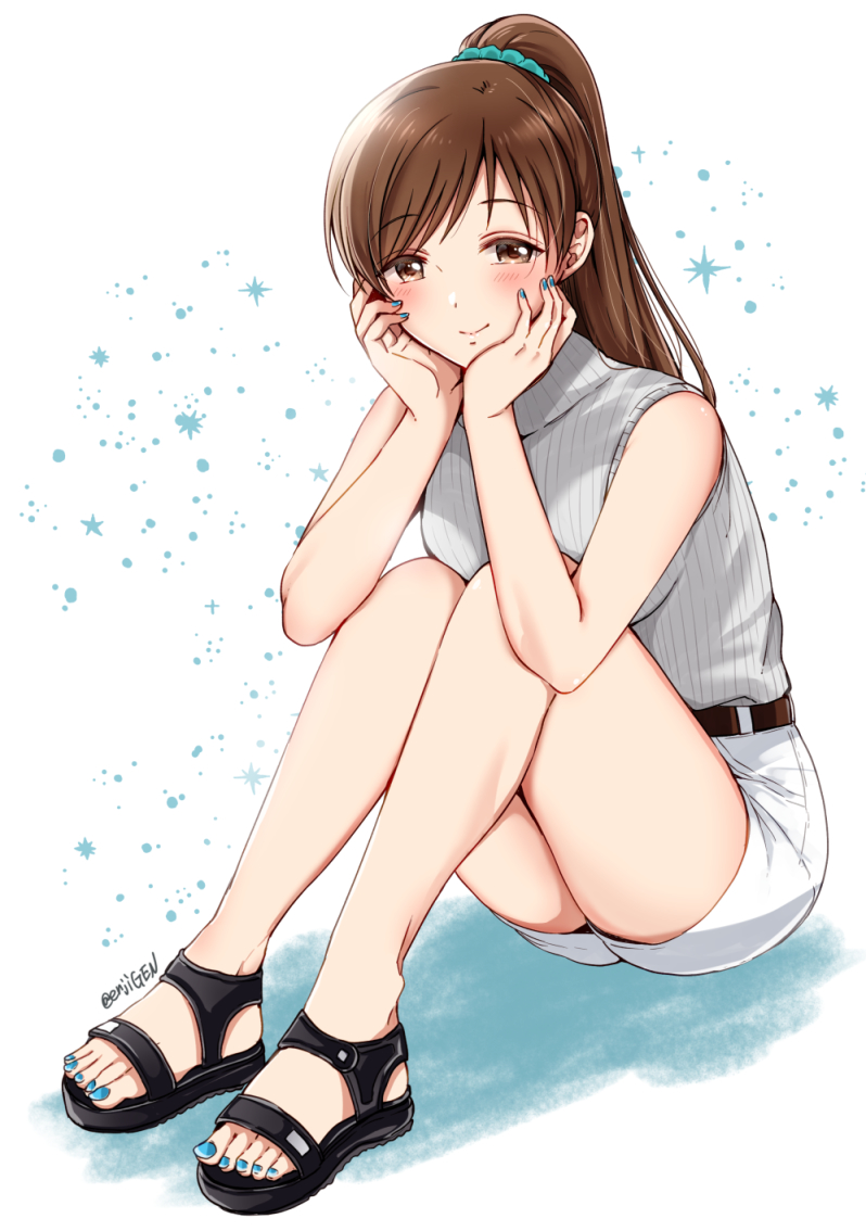 1girl, aqua_scrunchie, bangs, belt, black_belt, blue_nails, blush, brown_eyes