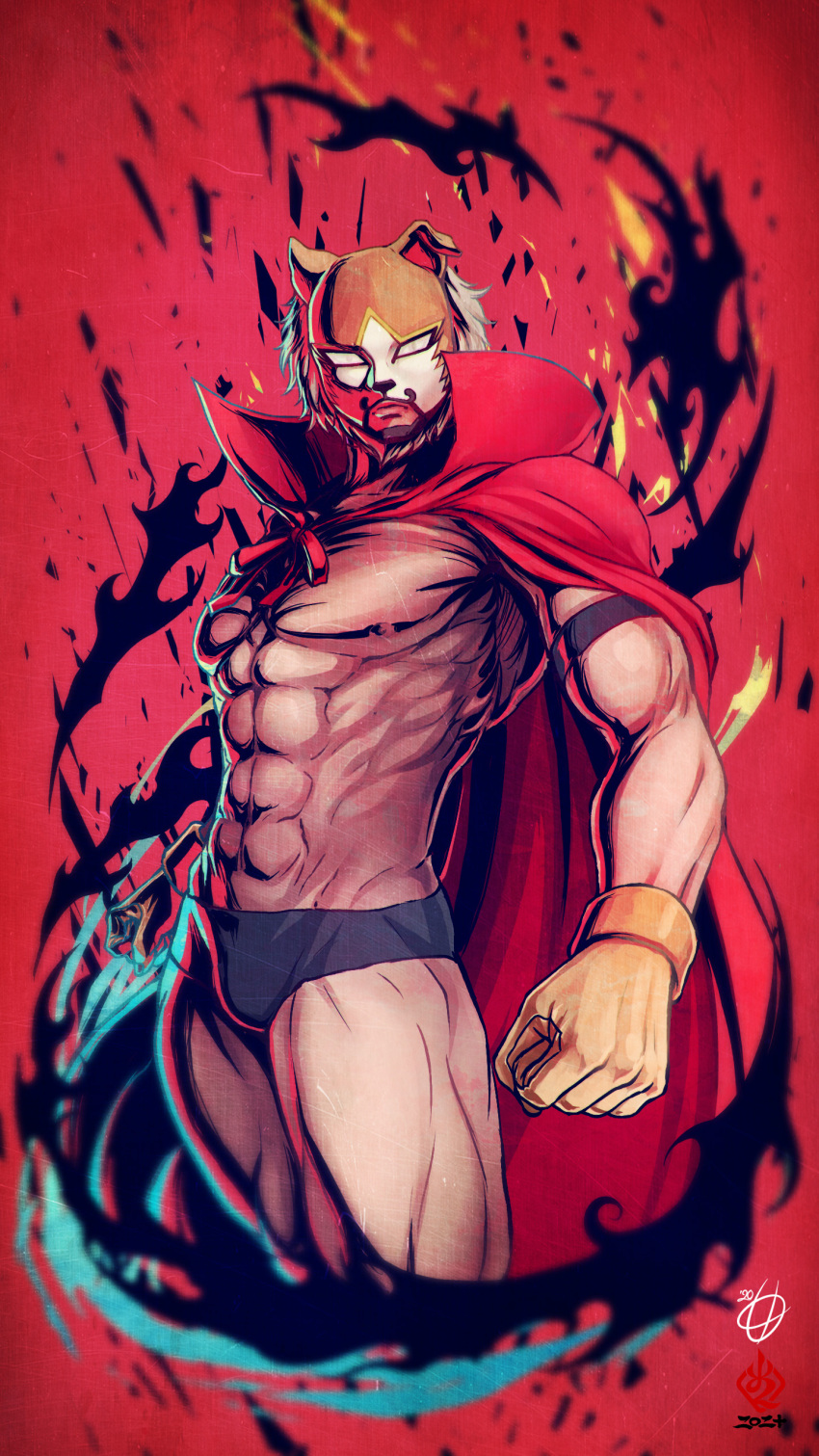 1boy, absurdres, amaguchi_chiyoko, arm_strap, beard, blue_panties, cape, collarbone
