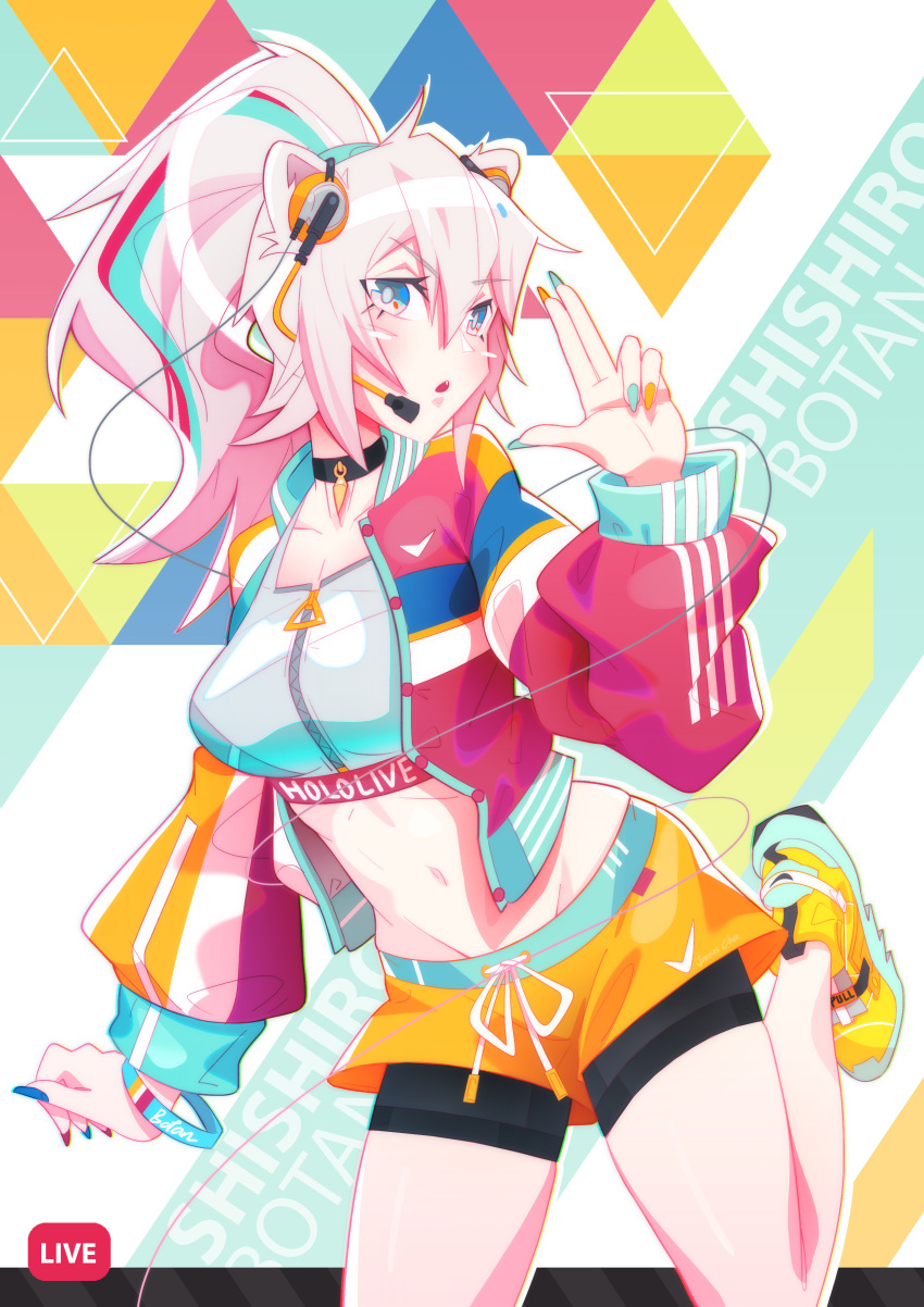 1girl, absurdres, adidas, alternate_costume, alternate_hair_color, alternate_hairstyle, artist_name, blue_eyes, bracelet, breasts, character_name, choker, copyright_name, english_commentary, finger_gun, headset, highres, hololive, james_choo, jewelry, livestream, looking_up, medium_breasts, midriff, navel, open_mouth, pink_hair, ponytail, shishiro_botan, solo, tied_hair, virtual_youtuber