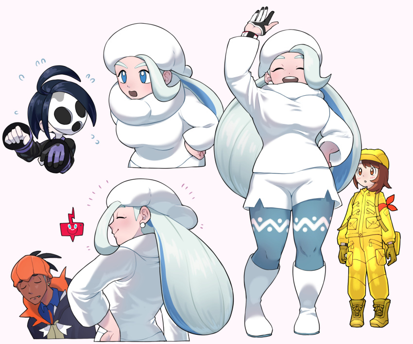 2boys, 2girls, ahoge, allister_(pokemon), alternate_color, arm_ribbon, arm_up, black_hair, black_hoodie, blue_eyes, blush, boots, breasts, closed_eyes, closed_mouth, commentary_request, dark_skin, dark_skinned_male, expedition_uniform, fang, flying_sweatdrops, fur_hat, gen_4_pokemon, gloves, gym_leader, hand_on_hip, hat, helmet, highres, hood, hoodie, jacket, legwear_under_shorts, long_hair, long_sleeves, mask, mature, melony_(pokemon), mira_(miramita8727), multicolored_hair, multiple_boys, multiple_girls, pants, pantyhose, partially_fingerless_gloves, plump, pokemon, pokemon_(game), pokemon_swsh, raihan_(pokemon), red_ribbon, ribbon, rotom, rotom_phone, scarf, short_hair, shorts, single_glove, smile, streaked_hair, sweater, teeth, white_footwear, white_headwear, white_scarf, white_sweater, yellow_headwear, yellow_jacket, yellow_pants
