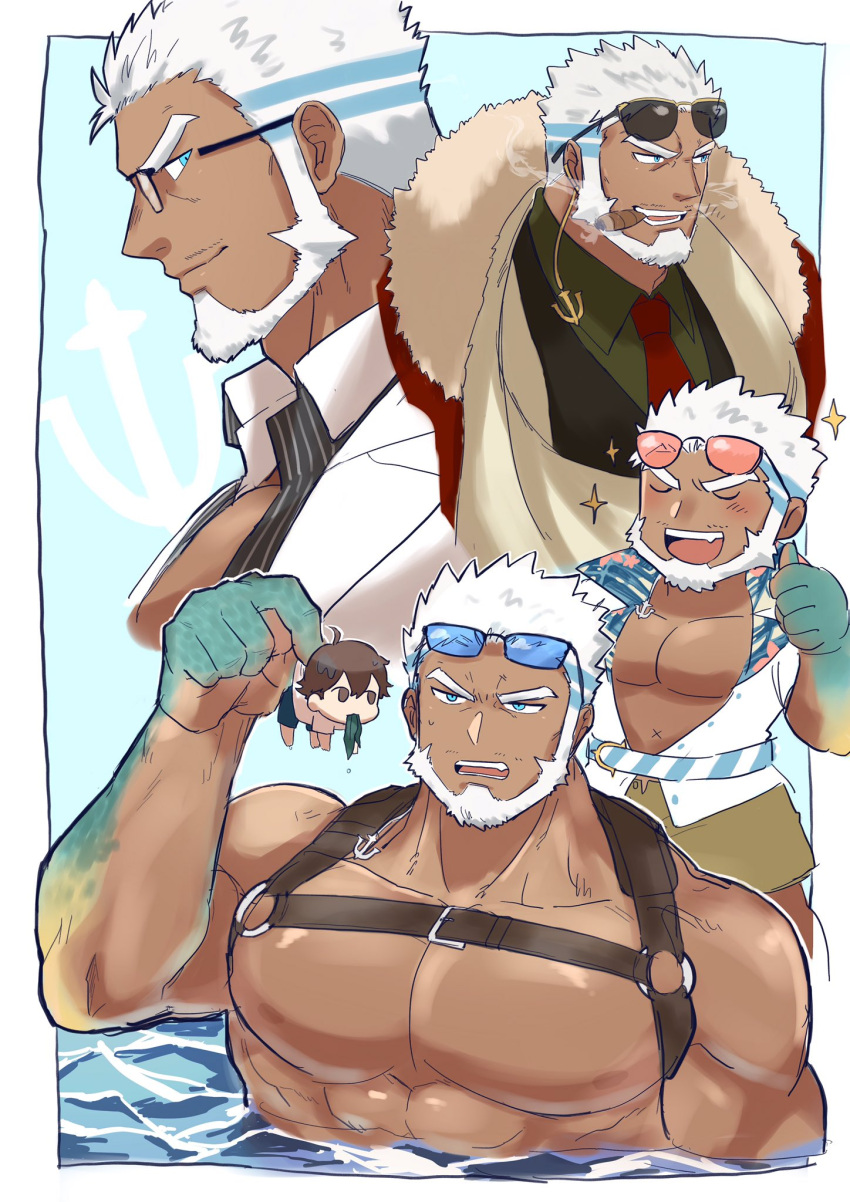 1hao_(@cerbero64), 2boys, abs, aegir_(tokyo_houkago_summoners), bara, bare_chest, beard, blue_eyes