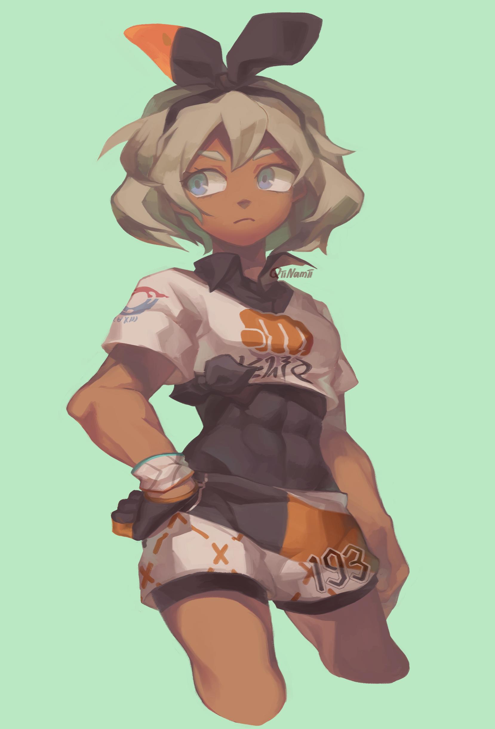 absurdres, bea_(pokemon), blue_eyes, bodysuit_under_clothes, bow_hairband, closed_mouth, collared_shirt, dark_skin