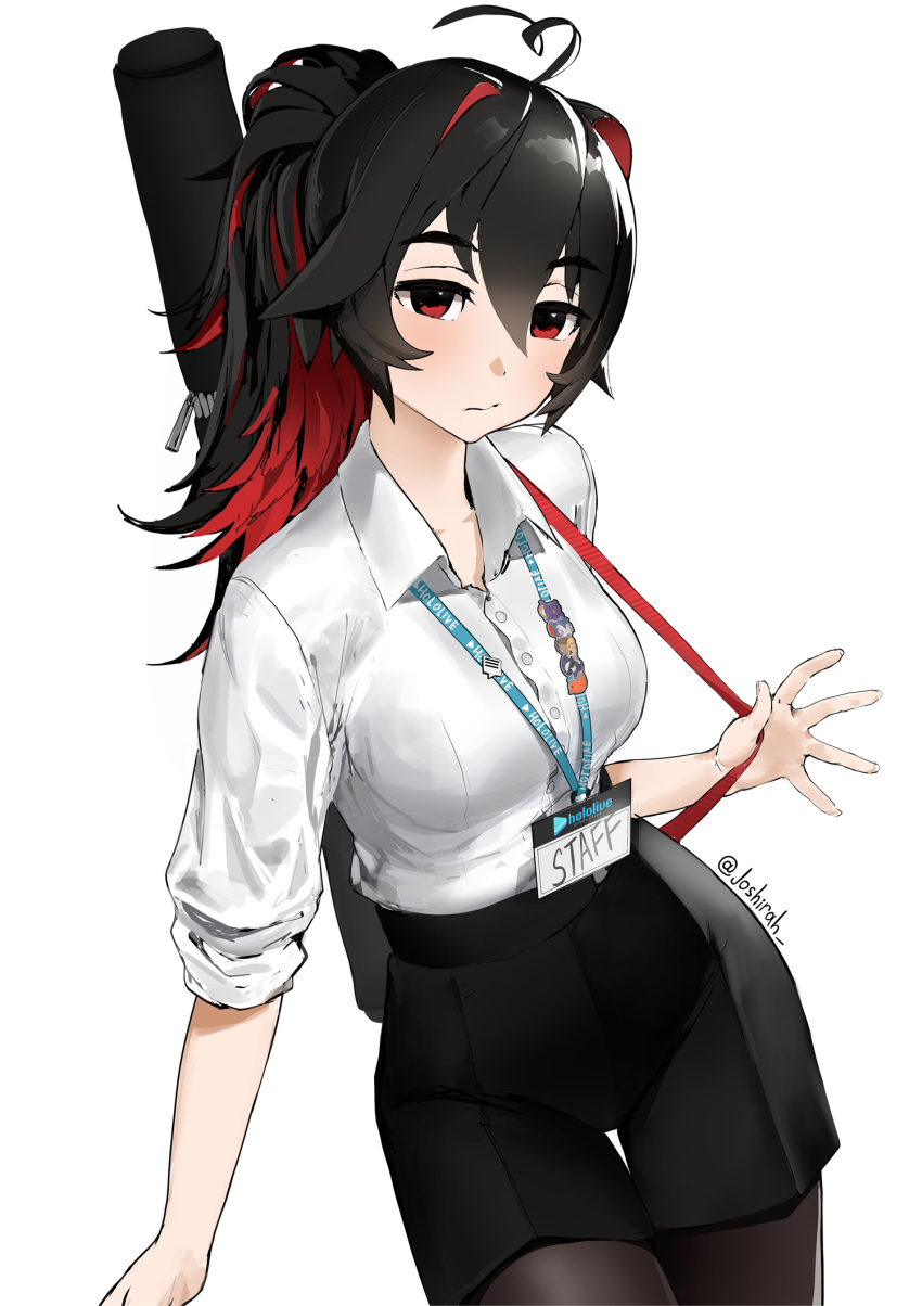 1girl, ahoge, black_hair, black_legwear, bloop_(gawr_gura), breasts, bubba_(watson_amelia), colored_inner_hair