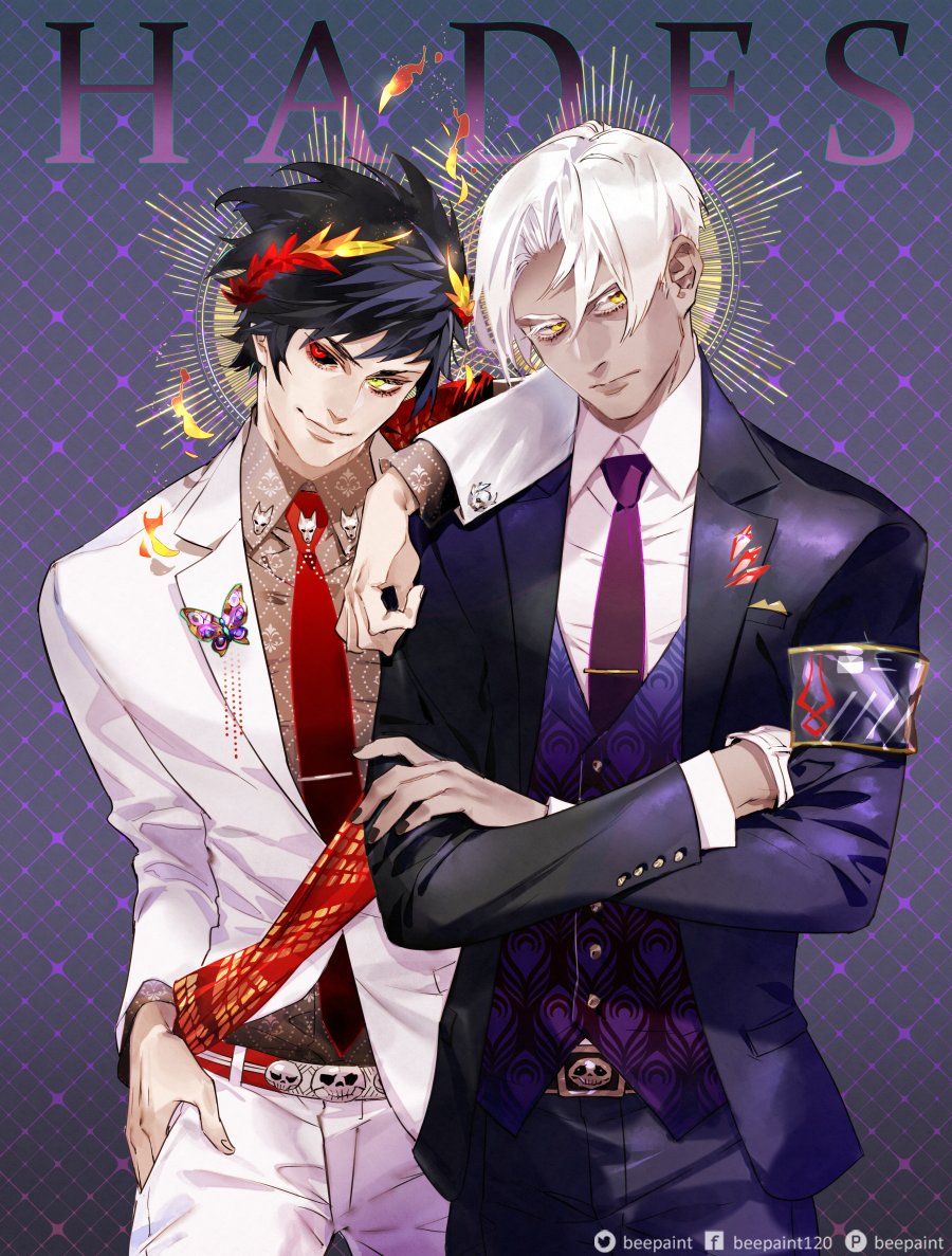 2boys, alternate_costume, arm_on_shoulder, bangs, beepaint, black_hair, black_pants, black_suit