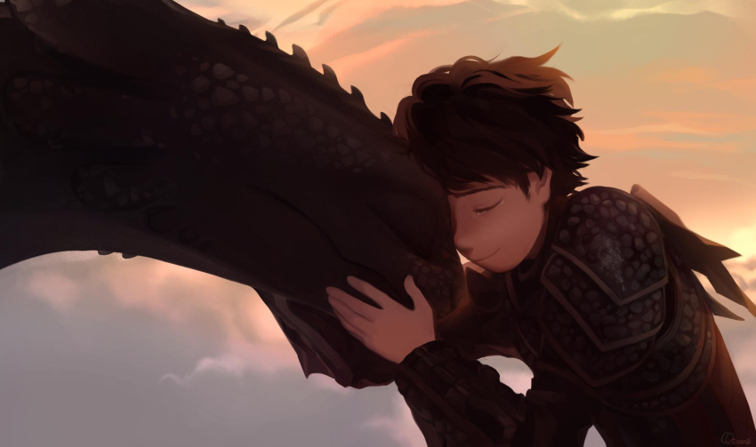 1boy, armor, brown_hair, closed_eyes, closed_mouth, clouds, cloudy_sky, crying