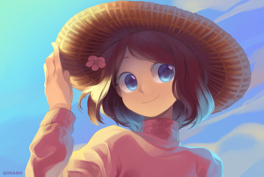 1girl, adjusting_clothes, adjusting_headwear, artist_name, blue_eyes, blue_sky, brown_hair, closed_mouth