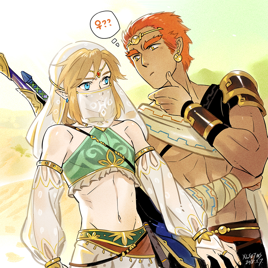 2boys, armlet, artist_name, bangs, bare_shoulders, barefoot, blonde_hair, blue_eyes