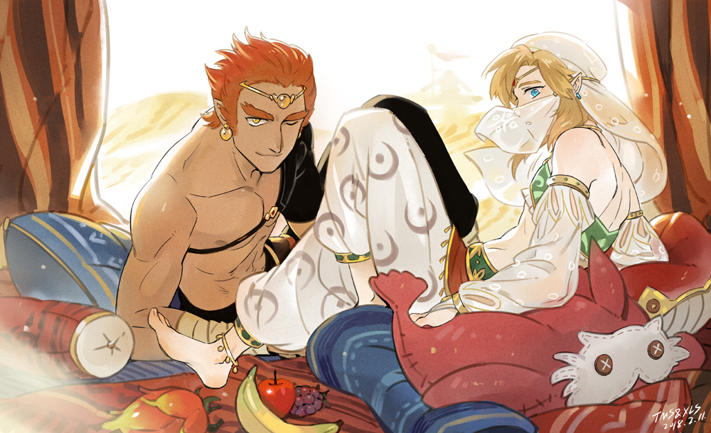 2boys, alternate_color, apple, banana, bangs, bare_shoulders, barefoot, black_pants