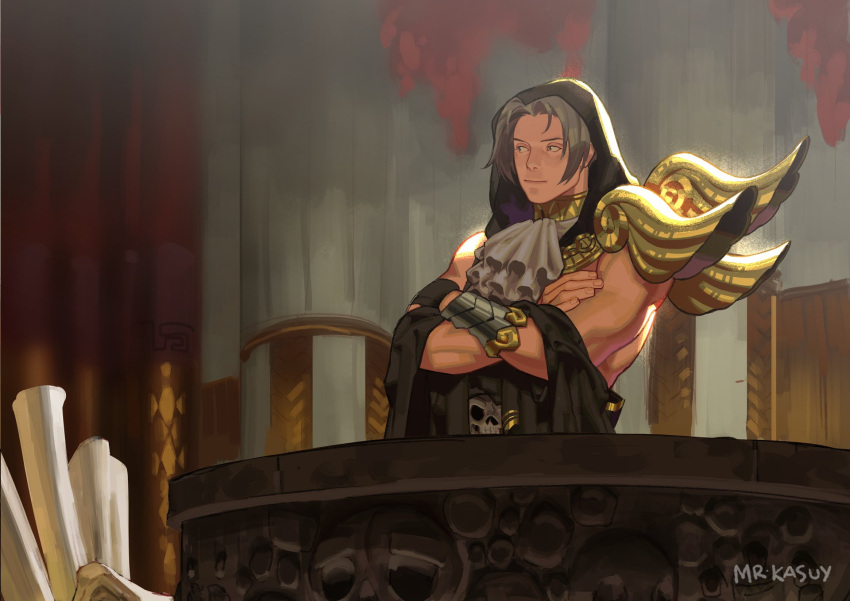 1boy, armor, backlighting, bangs, bracer, cosplay, cravat, crossed_arms