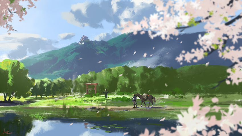 1other, ambiguous_gender, blue_sky, blurry, blurry_foreground, cherry_blossoms, clouds, cloudy_sky