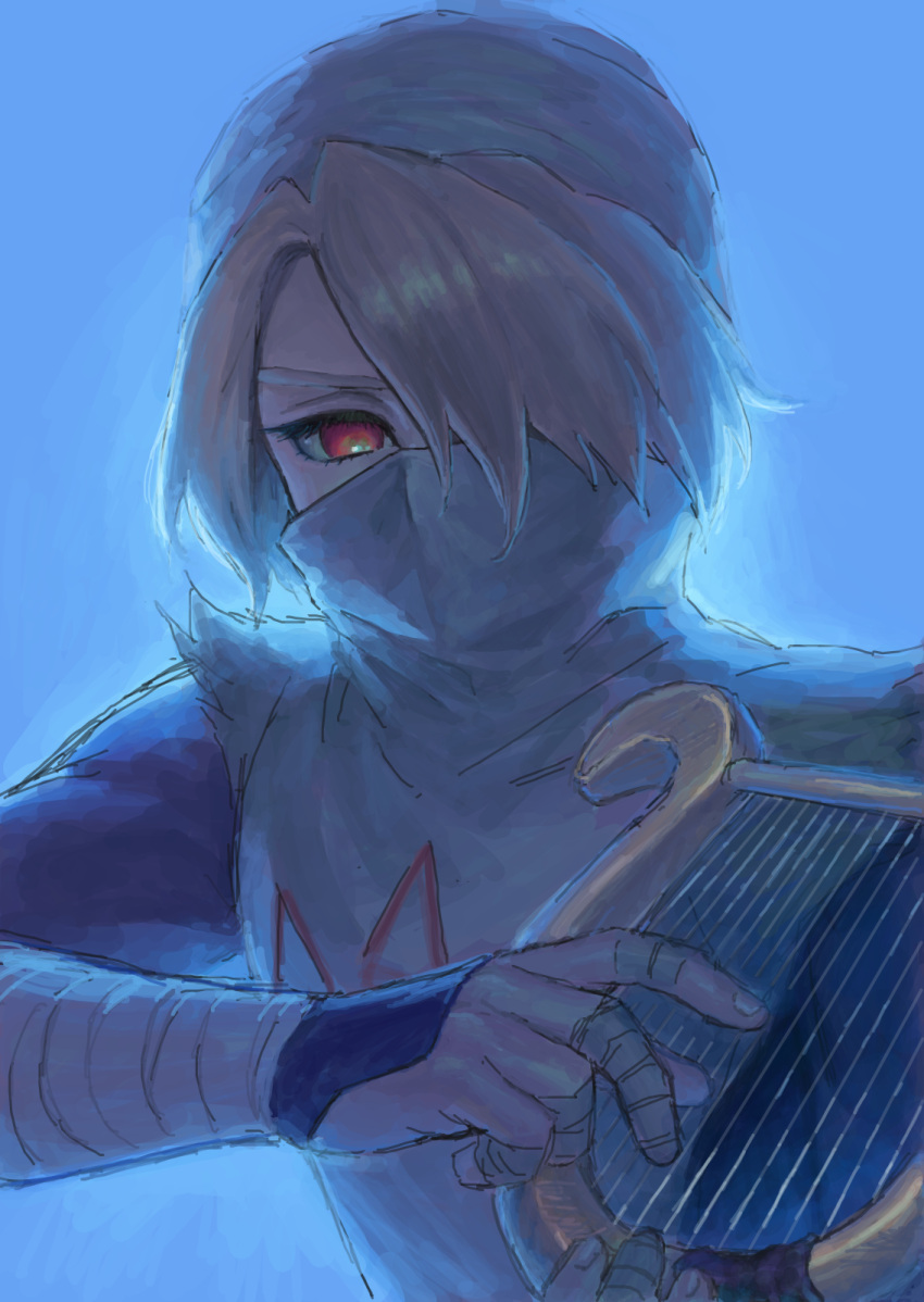 1girl, bandaged_arm, bandaged_fingers, bandages, bangs, blonde_hair, blue_background, commentary_request, hair_over_one_eye, harp, highres, holding, instrument, looking_at_viewer, mask, mouth_mask, raji_(aranmax), red_eyes, reverse_trap, sheik, shirt, short_hair, solo, the_legend_of_zelda, the_legend_of_zelda:_ocarina_of_time, torn_clothes, torn_shirt, upper_body