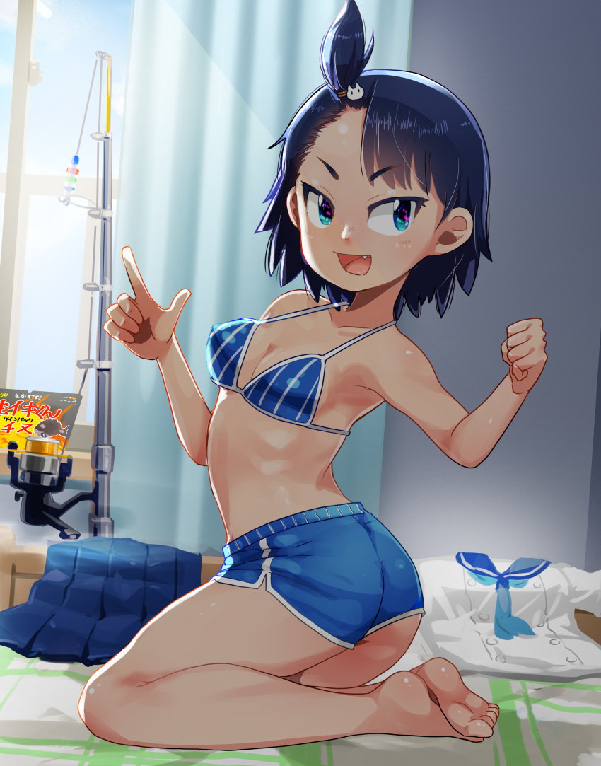 1girl, :d, absurdres, ahoge, barefoot, bikini, black_hair, blue_bikini, blue_eyes, blue_shorts, breasts, day, fang, fishing_rod, full_body, hair_ornament, highres, hodaka_natsumi, houkago_teibou_nisshi, indoors, open_mouth, osamu_yagi, shirt_removed, short_shorts, shorts, skirt, skirt_removed, small_breasts, smile, solo, swimsuit, twisted_torso, window