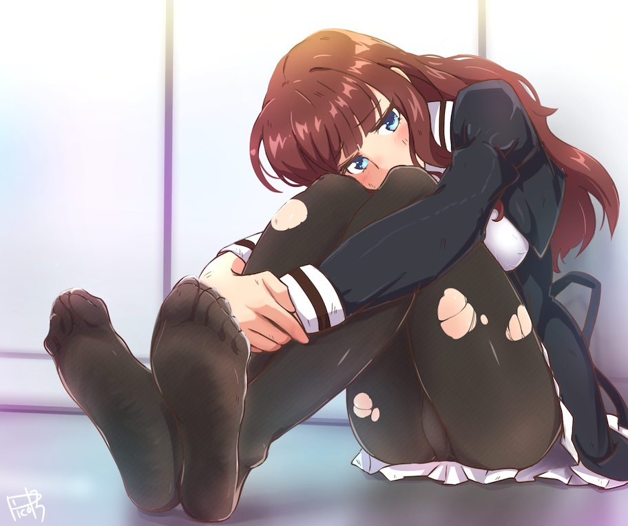 1girl, assault_lily, black_legwear, blue_eyes, blush, breasts, brown_hair, eyebrows_visible_through_hair