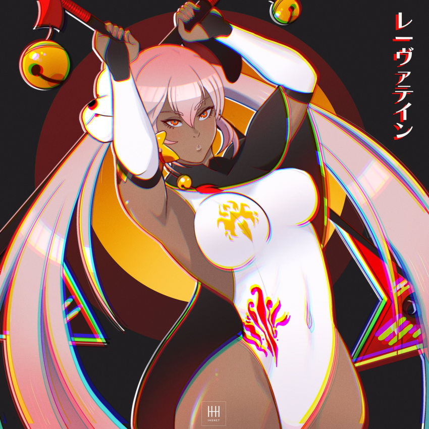 1girl, alternate_costume, armpits, arms_up, axe, bell, black_background, capelet