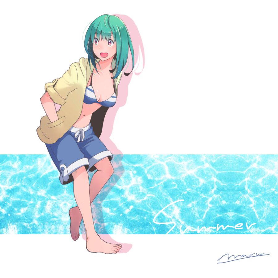 1girl, aqua_hair, baggy_shorts, barefoot, bikini, bikini_top, gallop5, hands_in_pockets, hood, hoodie, long_hair, ocean, open_mouth, original, shorts, sleeves_rolled_up, slouching, smile, summer, swimsuit, violet_eyes