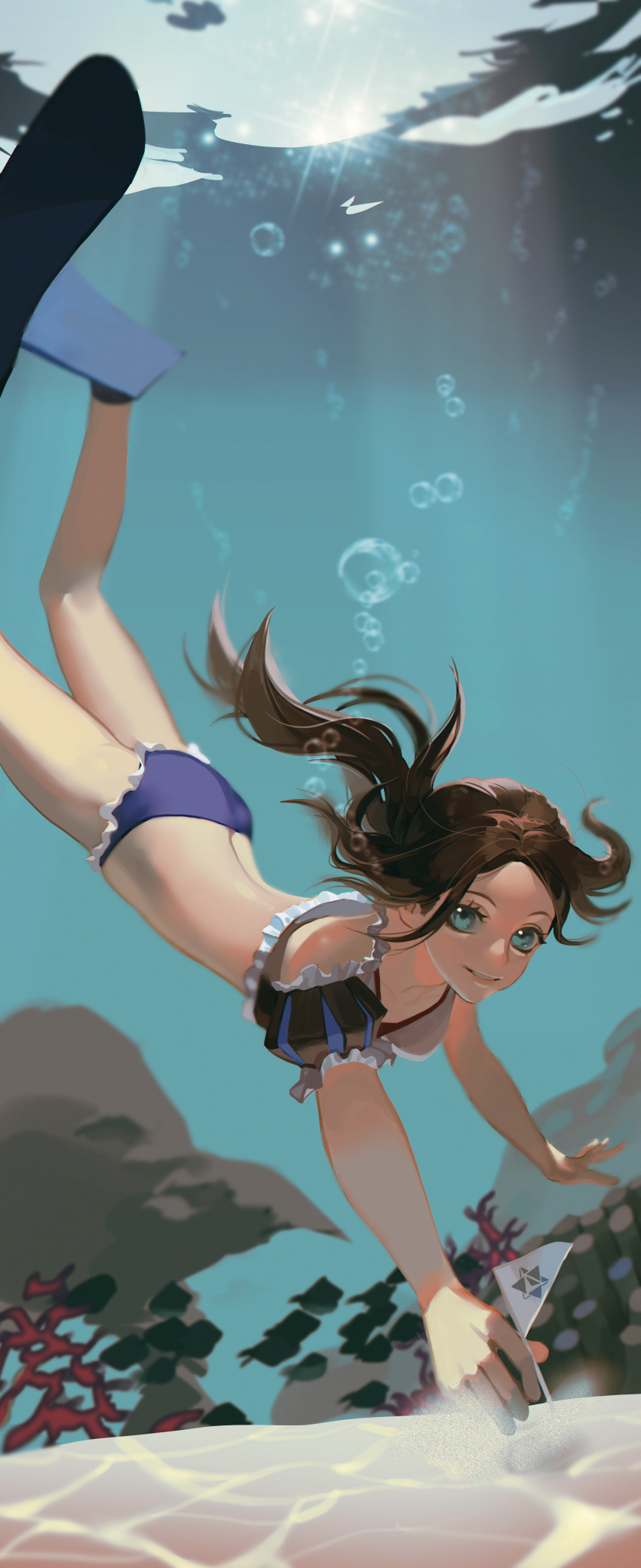 1girl, absurdres, air_bubble, bikini, breath, brown_hair, bubble, coral