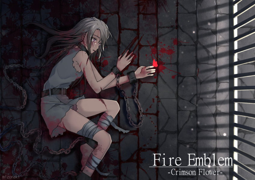 1girl, bandages, belt, blood, bound, bound_wrists, brown_hair, chain