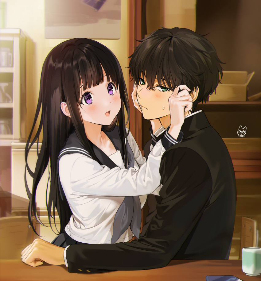 1boy, 1girl, :d, arm_support, black_hair, black_skirt, box, cardboard_box