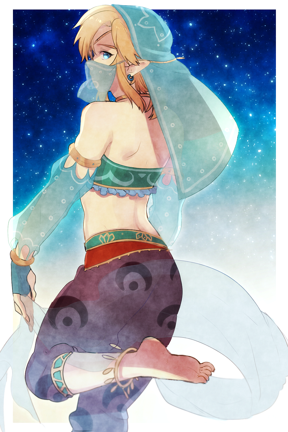 1boy, anklet, bandeau, bangs, bare_shoulders, barefoot, blonde_hair, blue_eyes