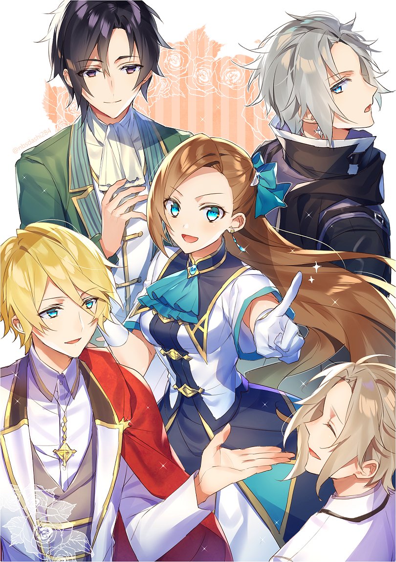 1girl, 4boys, alan_stuart, ascot, asymmetrical_bangs, bangs, black_collar, black_eyes