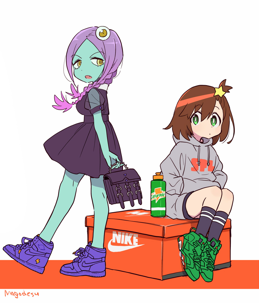 2girls, aqua_skin, bag, black_dress, bottle, braid, brown_hair, drawstring, dress, full_body, gatorade, green_eyes, green_footwear, hair_ornament, holding, holding_bag, hood, hoodie, looking_at_viewer, luluco, mago, midori_(uchuu_patrol_luluco), multiple_girls, nike, purple_footwear, purple_hair, shorts, sitting, standing, star_(symbol), star_hair_ornament, uchuu_patrol_luluco