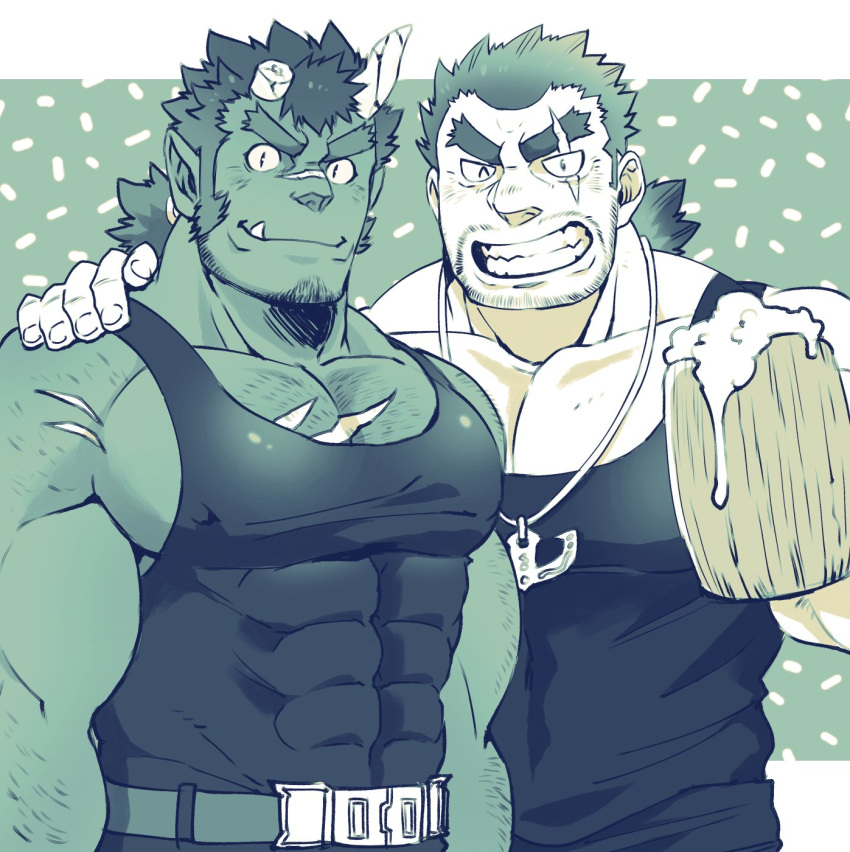 2boys, bara, bare_arms, bare_shoulders, black_tank_top, blue_theme, character_request, chest, chest_hair, chest_scar, covered_abs, covered_nipples, ezaki_papiko, facial_hair, hand_on_another's_shoulder, highres, horns, male_focus, multiple_boys, muscle, red_oni_(tokyo_houkago_summoners), scar, scar_across_eye, short_hair, sideburns, stubble, tank_top, thick_eyebrows, tokyo_houkago_summoners, upper_body