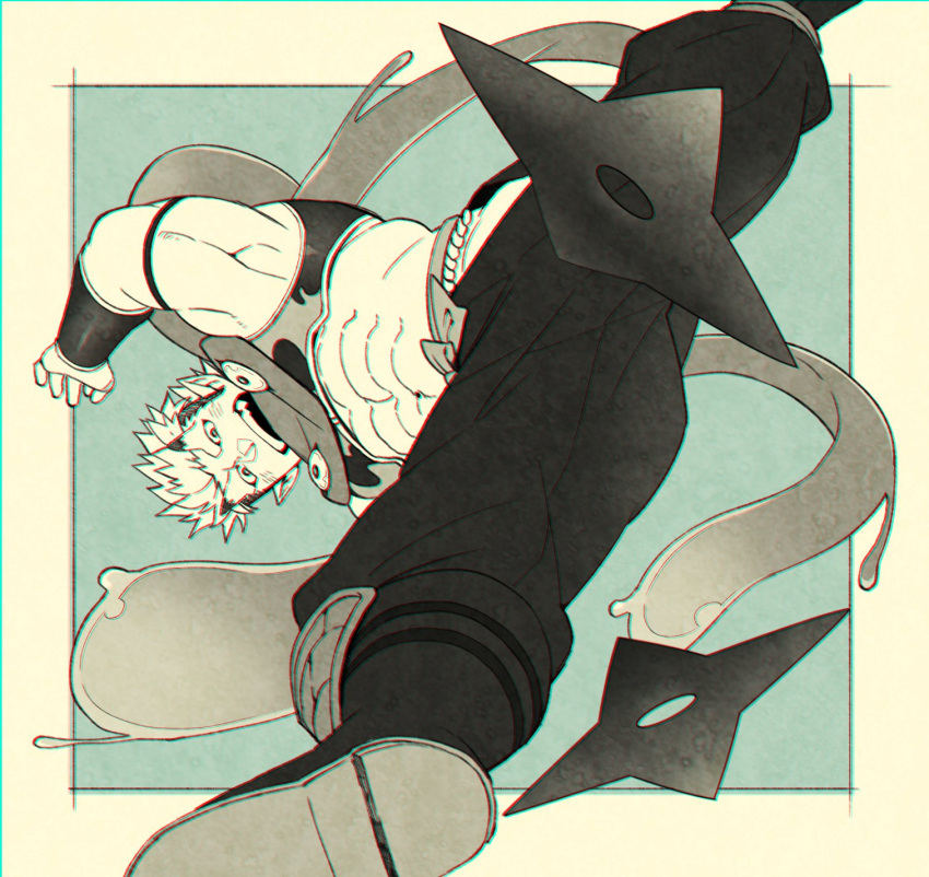 1boy, abs, armpits, bara, dynamic_pose, ezaki_papiko, fighting_stance, highres, horns, japanese_clothes, jiraiya_(tokyo_houkago_summoners), looking_at_viewer, male_focus, midriff, multiple_monochrome, muscle, navel, ninja, scarf, short_hair, shuriken, sideburns, solo, tokyo_houkago_summoners