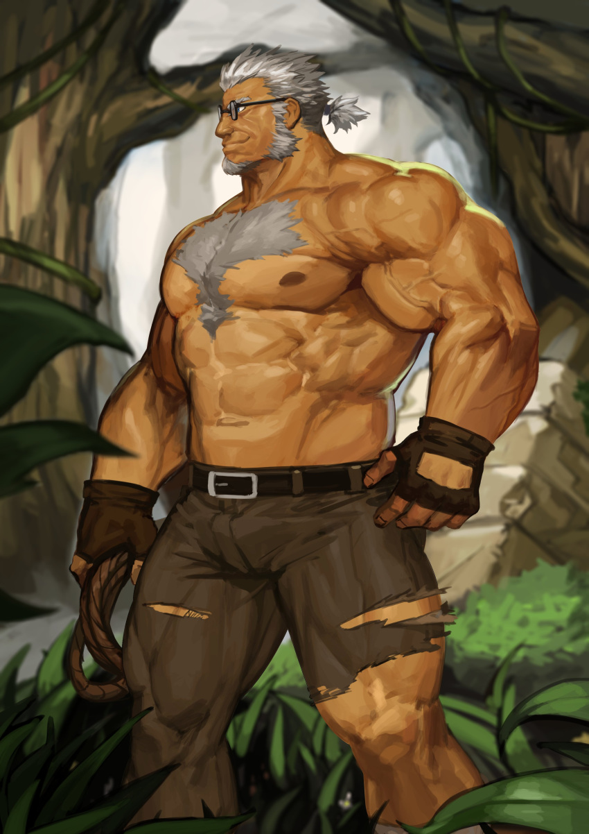 1boy, abs, absurdres, bara, blue_eyes, brown_gloves, brown_pants, bulge