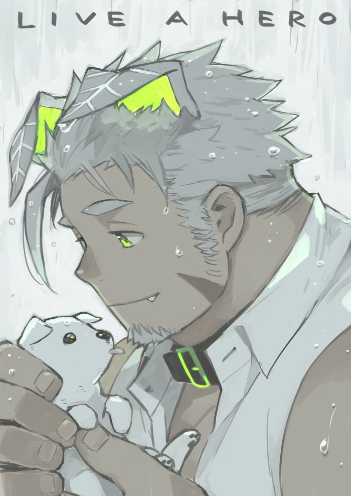 1boy, animal, animal_ears, bara, copyright_name, dog, dog_ears, facial_hair