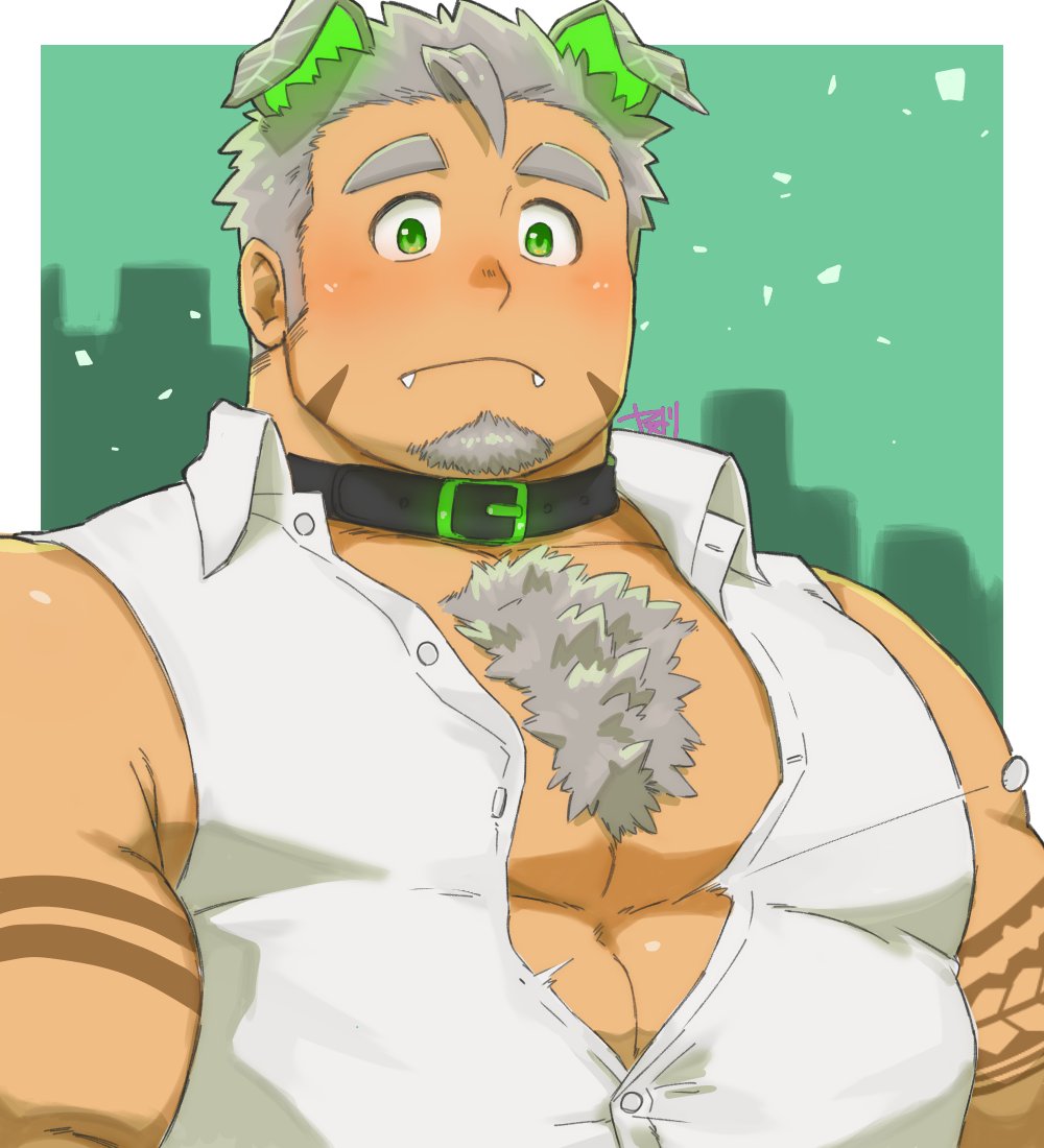1boy, abs, animal_ears, bara, bare_shoulders, blush, bursting_pecs, chest